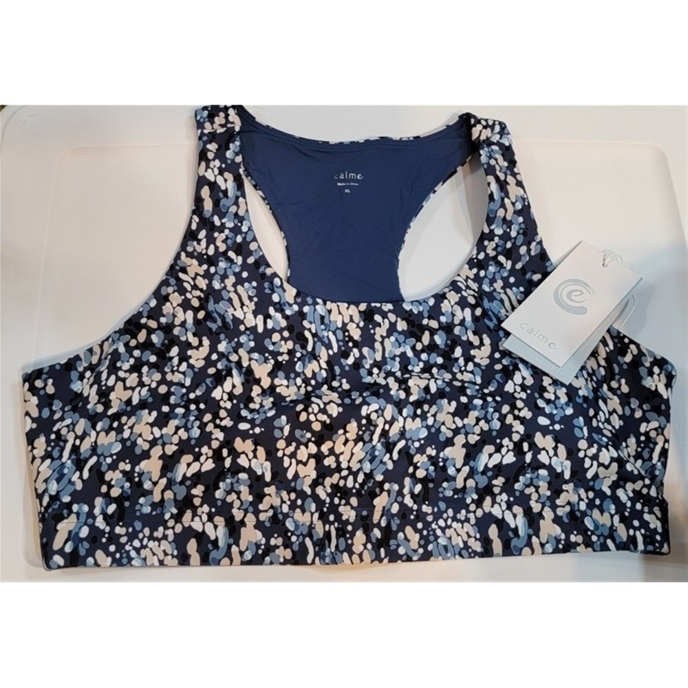 NWT Calme Endurance Polka Dot Sports Bra Sz S Blue 111254